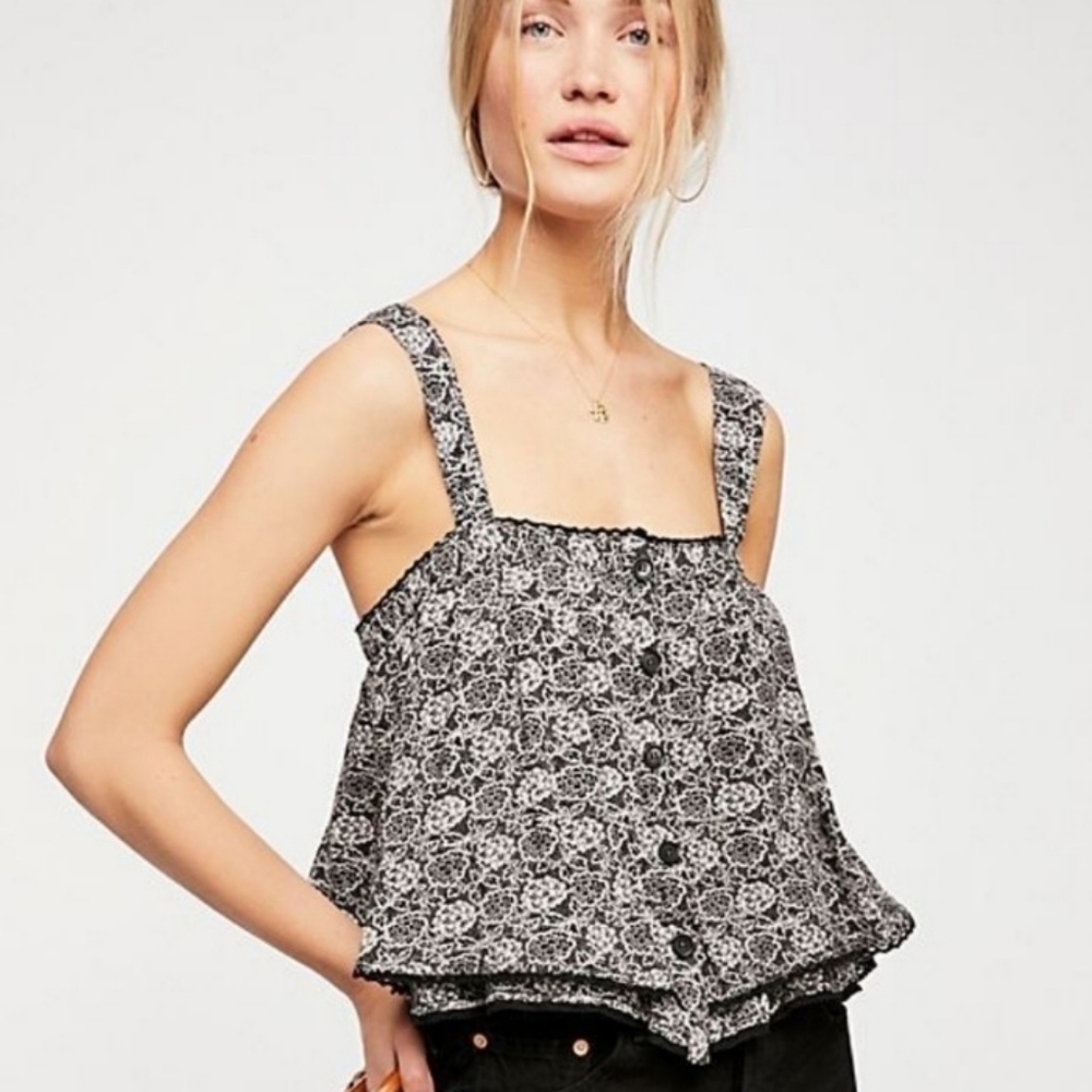 Free People Sweet Caroline Tank Top ruffle black white‎ floral sleeveless boho